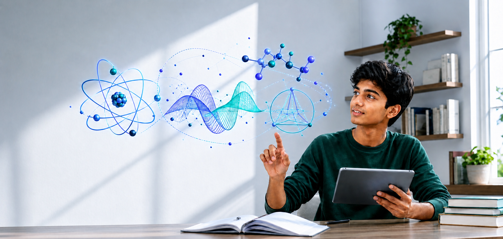 Student interacting with vivid connected science concepts