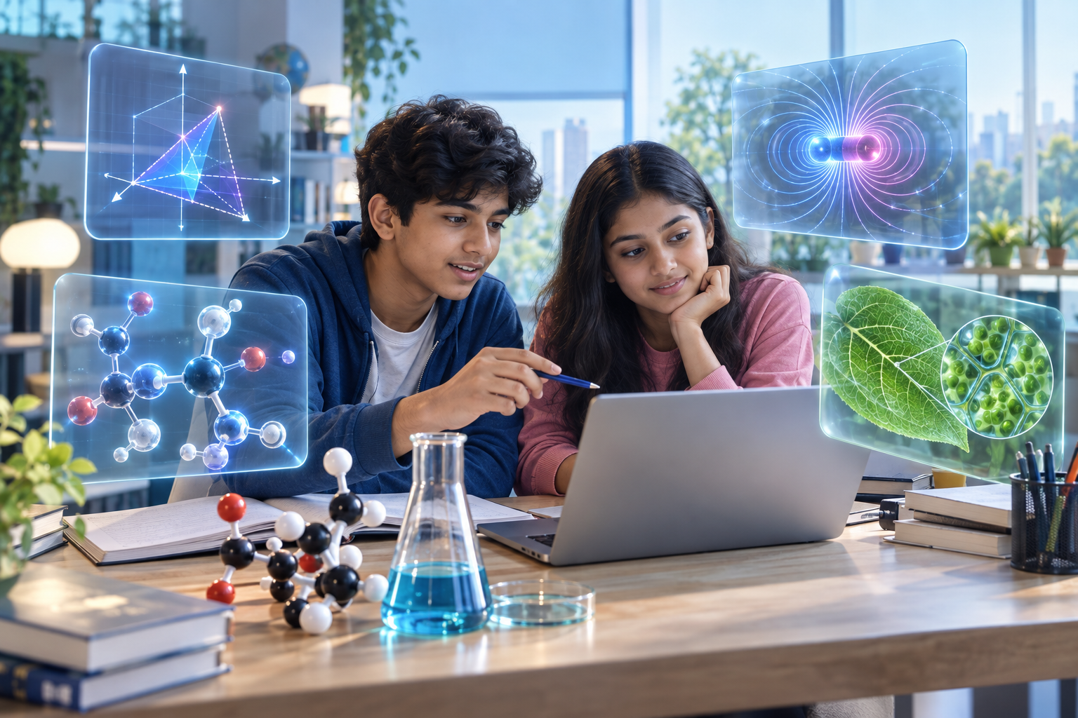 Two students explore geometry, magnetic fields, molecular structures and plant cells through vivid visual lessons.