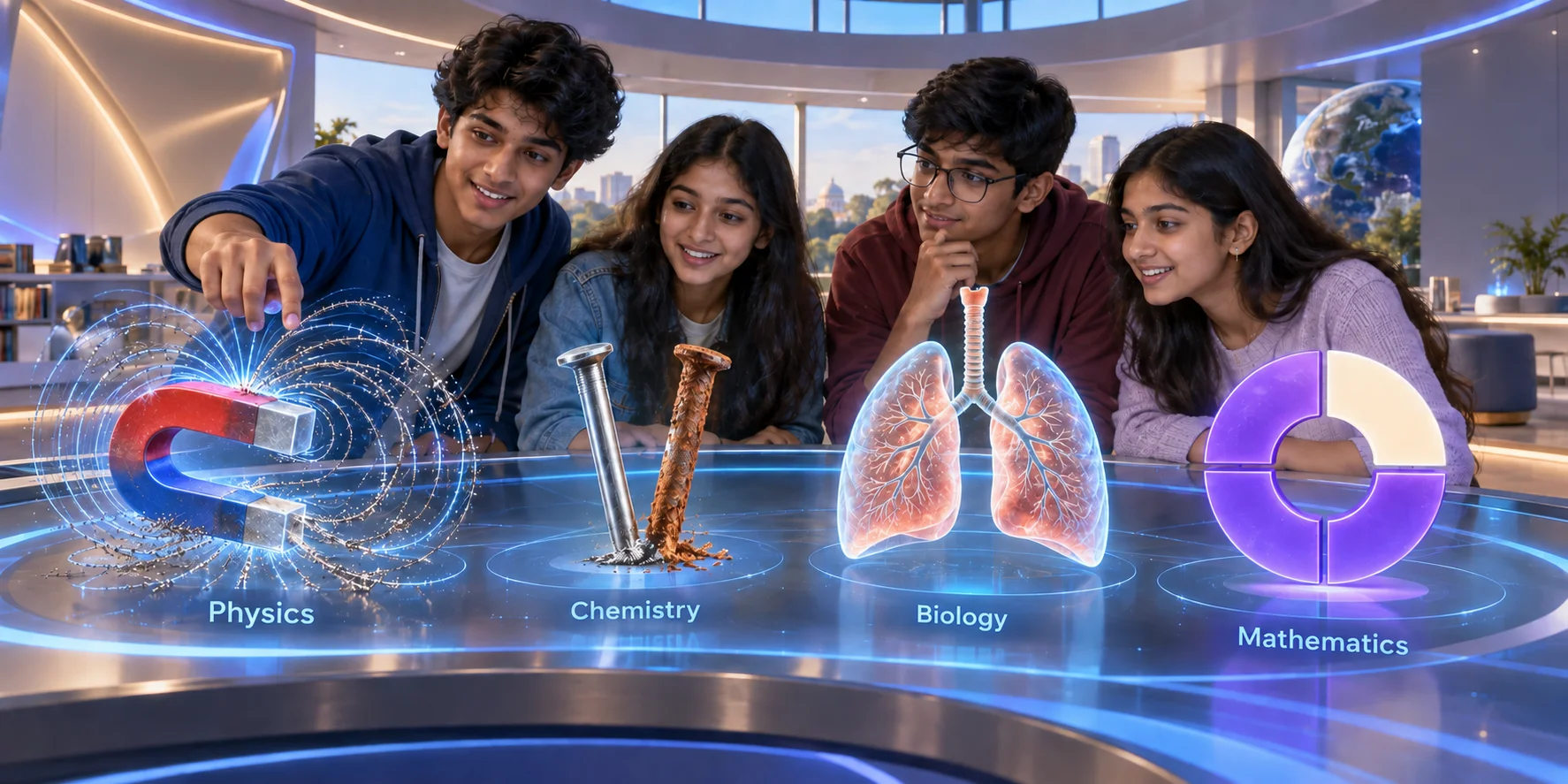 Students learning Physics, Chemistry, Biology and Mathematics together with visuals of magnetism, rusting, human lungs and fractions.