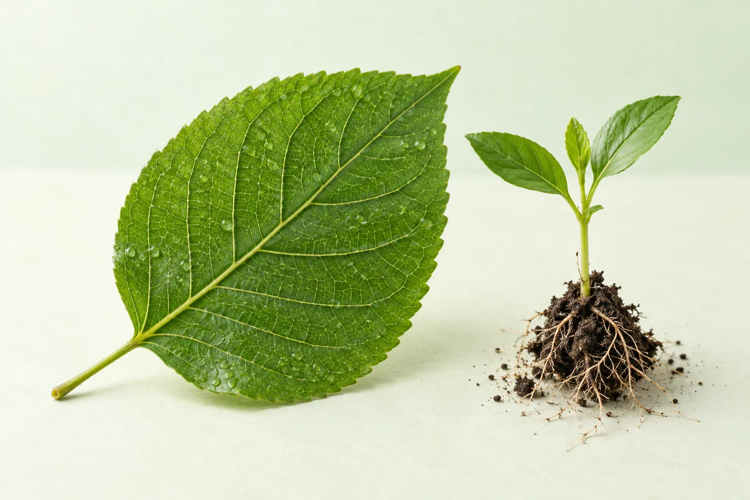 A detailed green leaf and a young seedling.