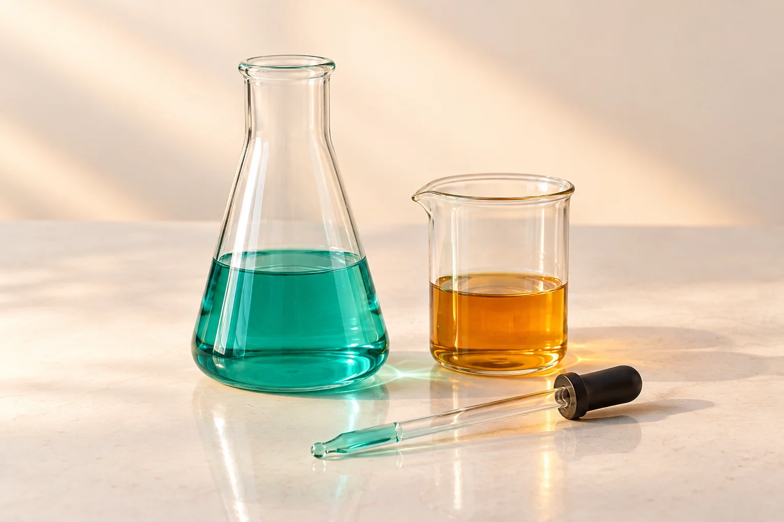Clear laboratory glassware holding coloured solutions.