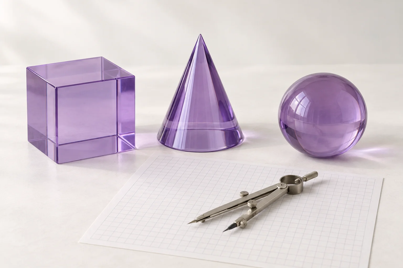 Translucent geometric solids and a drawing compass on graph paper.