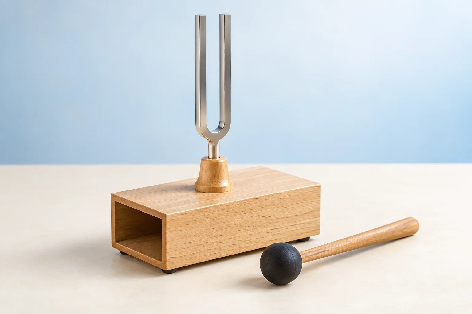 A metal tuning fork on a wooden resonance box with a rubber mallet.